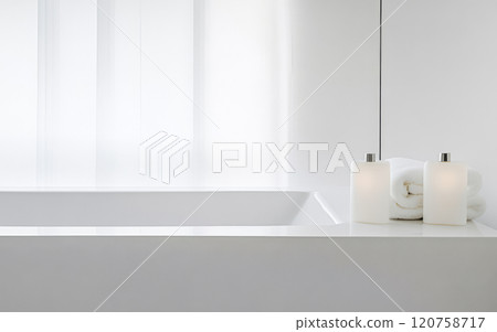 Bright modern bathroom with clean lines and minimal decor creating a serene atmosphere 120758717