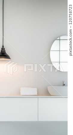 Modern bathroom design featuring sleek sink and stylish lighting in bright setting 120758723