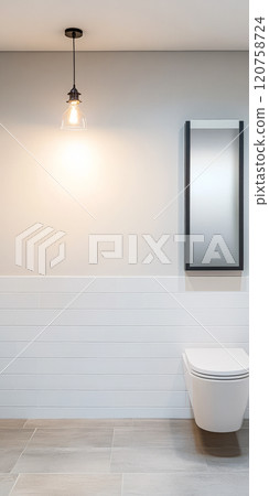 Modern bathroom interior design showcasing minimalist features and soft lighting 120758724