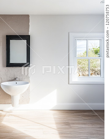 Modern bathroom with natural light illuminating minimalist design and furnishings 120758753