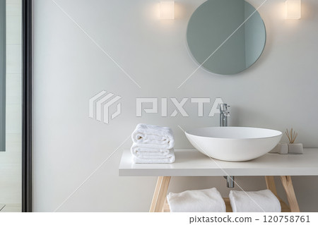 Stylish bathroom design featuring modern sink and neatly arranged towels Stylish bathroom design featuring modern sink and neatly arranged towels 120758761