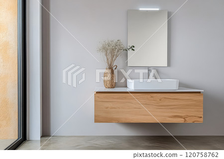 Modern bathroom design featuring minimalist aesthetics and natural elements Modern bathroom design featuring minimalist aesthetics and natural elements 120758762