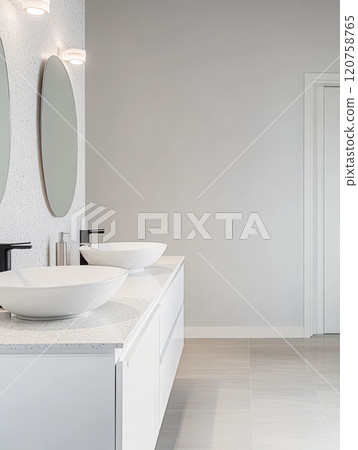 Modern minimalist bathroom with sleek design and elegant fixtures Modern minimalist bathroom with sleek design and elegant fixtures 120758765