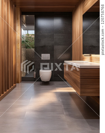 Modern bathroom design featuring natural materials and sleek finishes in a spacious layout 120758768