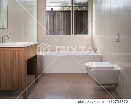 Modern bathroom design with minimalist features and natural light Modern bathroom design with minimalist features and natural light 120758770