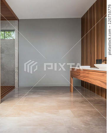 Modern bathroom design featuring natural materials and minimalist decor with spacious layout Modern bathroom design featuring natural materials and minimalist decor with spacious layout 120758776