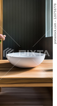 Elegant white bowl on a wooden table illuminated by natural light in a cozy interior space 120758778