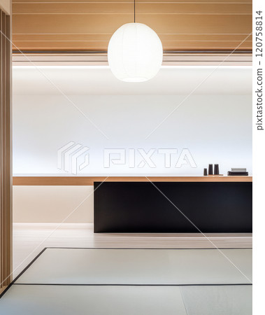 Modern interior design of a minimalist room with elegant lighting and sleek furniture 120758814