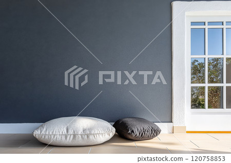 Cozy interior setting with soft cushions near a bright window on a sunny day Cozy interior setting with soft cushions near a bright window on a sunny day 120758853