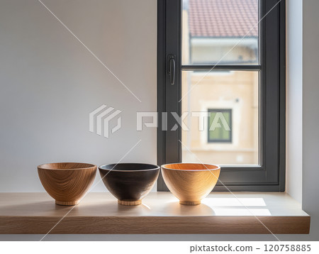 Wooden bowls placed on a shelf by a sunny window in a modern interior setting 120758885