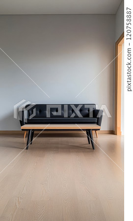 Modern living room features sleek black sofa with wooden coffee table in minimalistic design 120758887