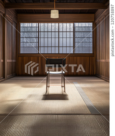 Minimalist empty room interior with a single chair and a large window 120758897