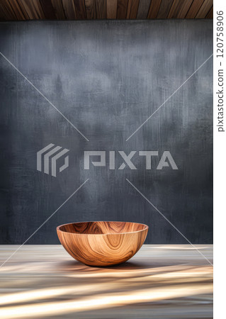 Wooden bowl on a wooden table against a textured gray wall 120758906