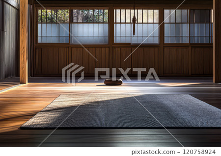 Tranquil meditation space with natural light in traditional wooden room 120758924