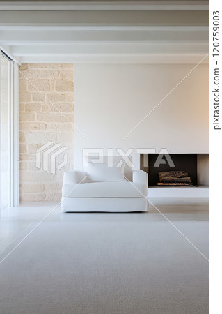 Cozy living room with a white armchair and modern fireplace in a bright space 120759003