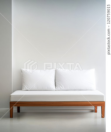 Modern minimalist couch with white cushions in a bright room 120759015