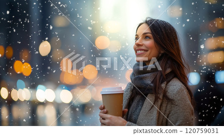 在白雪皚皚的城市街道上享用咖啡的年輕女子 120759031
