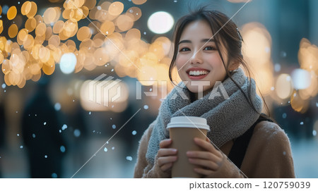 Young woman enjoying coffee on a snowy urban street Young woman enjoying coffee on a snowy urban street 120759039