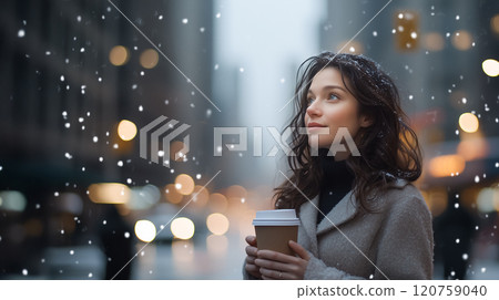在白雪皚皚的城市街道上享用咖啡的年輕女子 在白雪皚皚的城市街道上享用咖啡的年輕女子 120759040