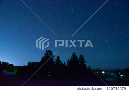 Summer starry sky and lights of houses surrounded by trees 120759079
