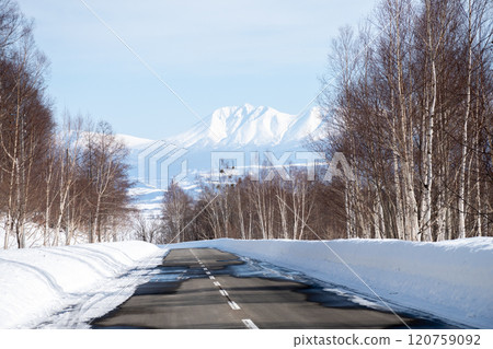 積雪開始融化的道路和雪山——十勝嶽山脈 120759092