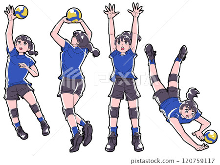 Illustration set of girls playing volleyball 120759117