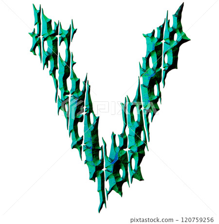 3D rendered illustration. Witchcraft style font. Divided rough letter. 120759256