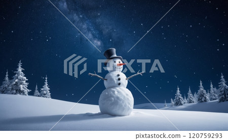 illustration of a snowy landscape at night with a smiling snowman 120759293