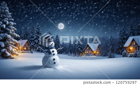 illustration of a snowy landscape at night with a smiling snowman 120759297