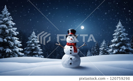 illustration of a snowy landscape at night with a smiling snowman illustration of a snowy landscape at night with a smiling snowman 120759298