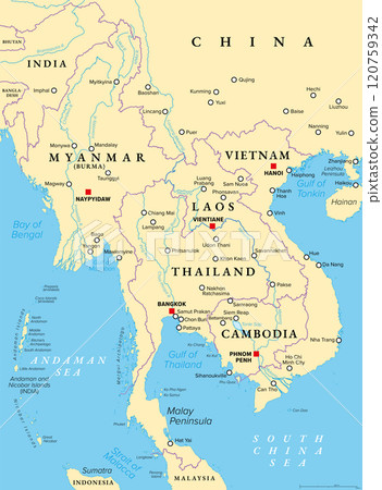 Mainland Southeast Asia, northern part of formerly known Indochina, political map. The countries Thailand, Vietnam, Myanmar, Laos, and Cambodia, with borders, their capitals and largest and cities. 120759342
