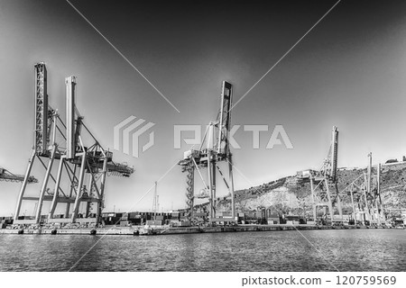 Container cranes at the commercial port of Barcelona, Catalonia, Spain 120759569