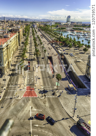 Aerial view of Passeig de Colom, Barcelona, Catalonia, Spain Aerial view of Passeig de Colom, Barcelona, Catalonia, Spain 120759571