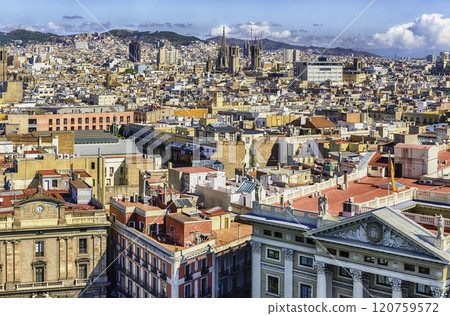 Aerial view of the Gothic Quarter, Barcelona, Catalonia, Spain 120759572