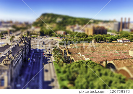 Aerial view with Montjuic mountain in background, Barcelona, Catalonia, Spain 120759573
