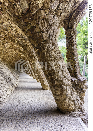 Colonnaded pathway in Park Guell, Barcelona, Catalonia, Spain 120759578