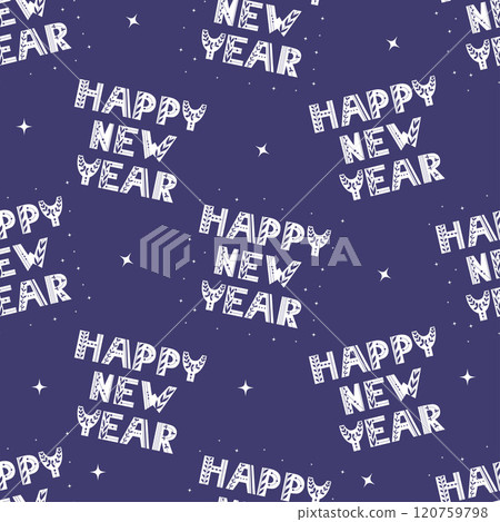Seamless New Year pattern. Decorative white lettering Happy New Year text with floral pattern on dark blue background. Vector illustration. Hand folk drawing holiday greeting ornament Seamless New Year pattern. Decorative white lettering Happy New Year text with floral pattern on dark blue background. Vector illustration. Hand folk drawing holiday greeting ornament 120759798