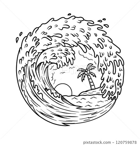 Illustration of palm and wave. Vector illustration 120759878
