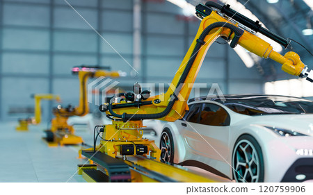 car assembly with robot arm working in factory 120759906