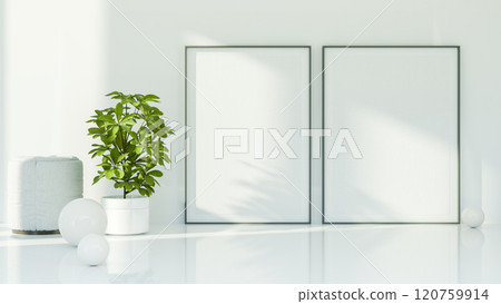 mock up white room with empty picture frame 120759914