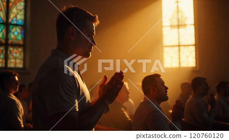 Congregants attend a worship service in a warmly lit church 120760120
