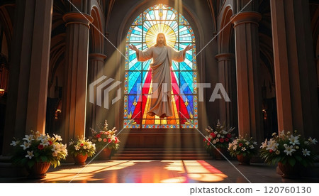 Stained glass window depicting Jesus Christ with outstretched arms, symbolizing Easter and Christian faith 120760130