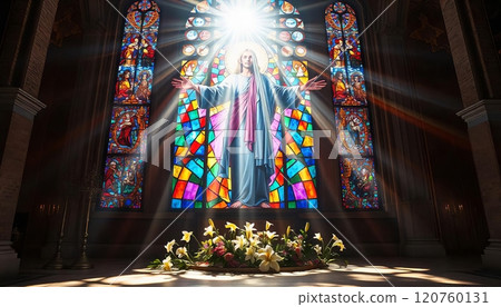Stained glass window depicting Jesus Christ with outstretched arms, symbolizing Easter and Christian faith Stained glass window depicting Jesus Christ with outstretched arms, symbolizing Easter and Christian faith 120760131