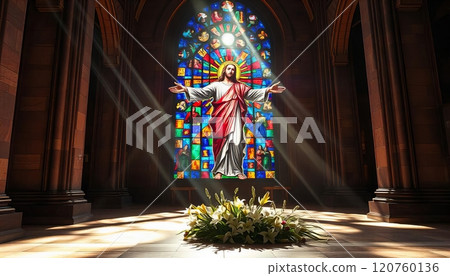 Stained glass window depicting Jesus Christ with outstretched arms, symbolizing Easter and Christian faith Stained glass window depicting Jesus Christ with outstretched arms, symbolizing Easter and Christian faith 120760136