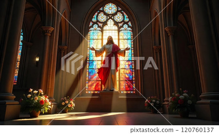 Stained glass window depicting Jesus Christ with outstretched arms, symbolizing Easter and Christian faith 120760137