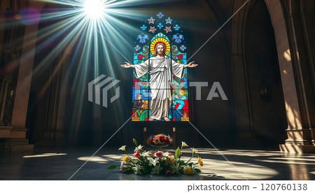 Stained glass window depicting Jesus Christ with outstretched arms, symbolizing Easter and Christian faith Stained glass window depicting Jesus Christ with outstretched arms, symbolizing Easter and Christian faith 120760138