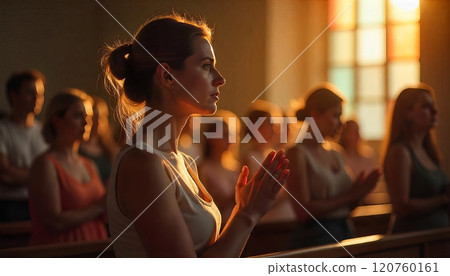 Congregants attend a worship service in a warmly lit church 120760161