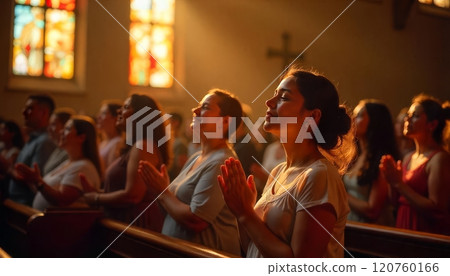 Congregants attend a worship service in a warmly lit church Congregants attend a worship service in a warmly lit church 120760166
