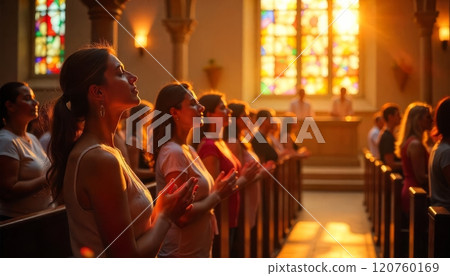 Congregants attend a worship service in a warmly lit church 120760169