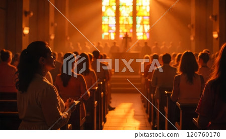 Congregants attend a worship service in a warmly lit church 120760170